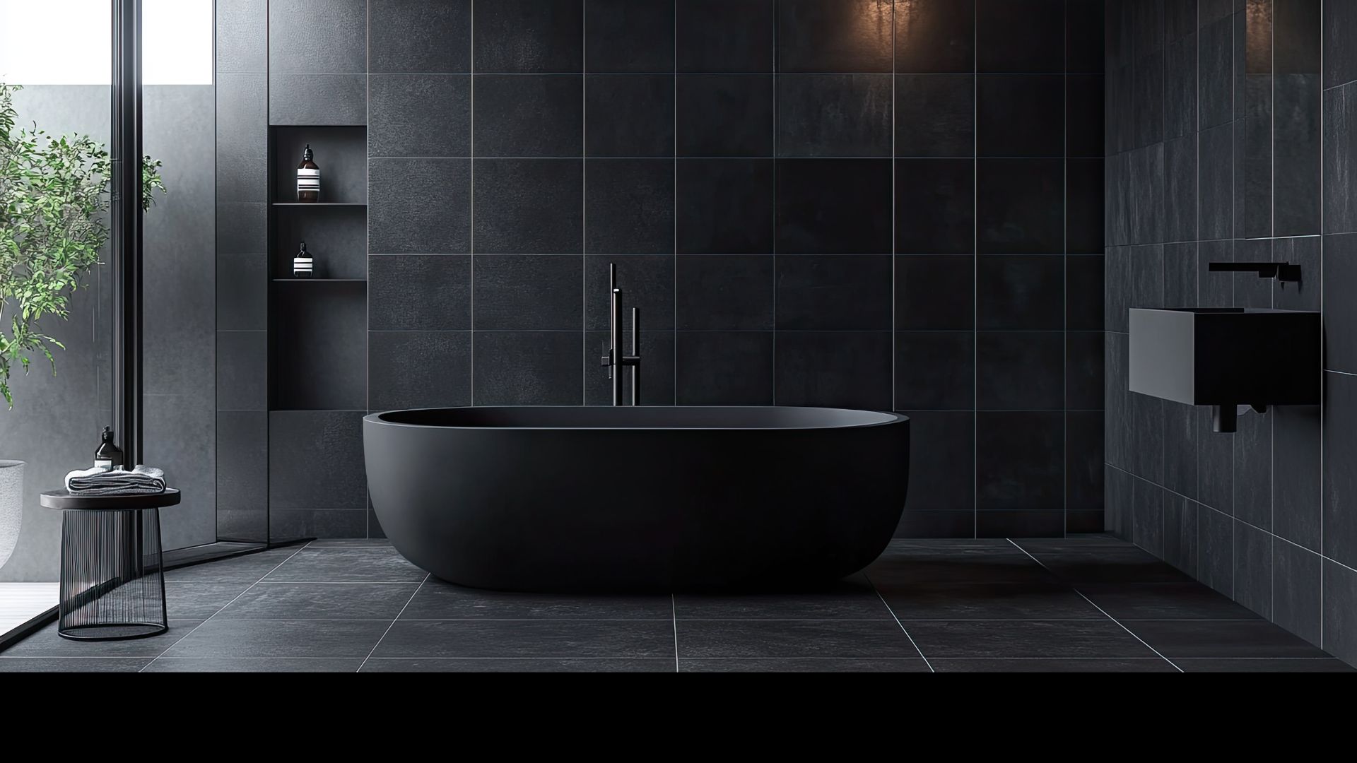 Salle de bain épurée carrelage noir.
