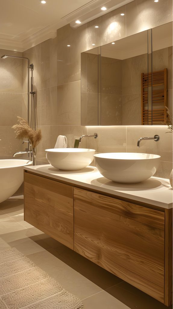 Salle de bain style rustique carreaux effet pierres de France. Cerame Carrelage