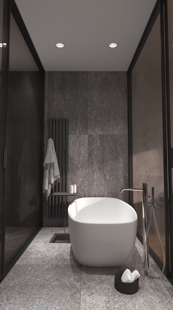 Salle de bain grands carreaux effet granit gris foncé. Cerame Carrelage