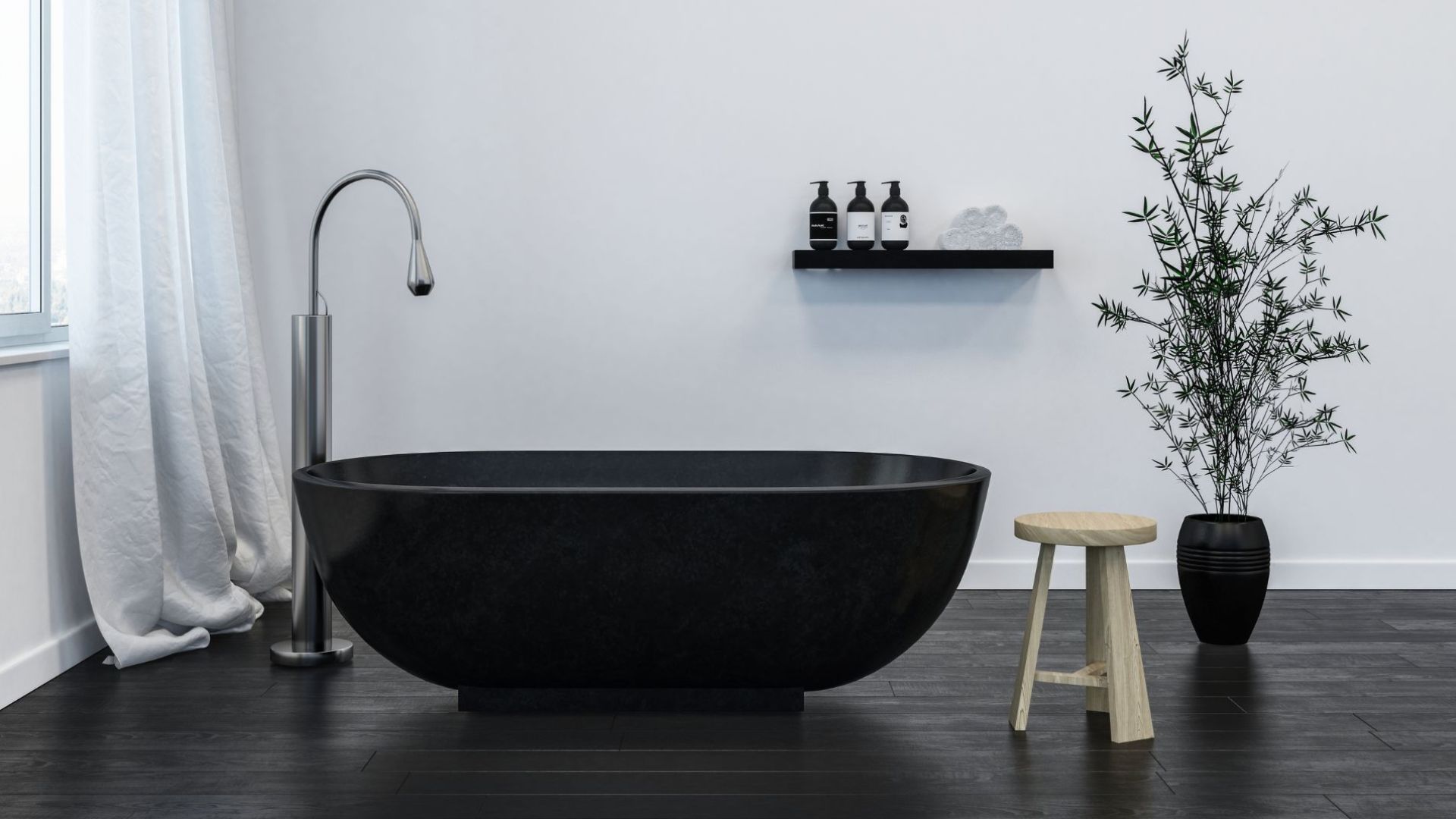 Chauffage au sol salle de bain carrelage noir immitation parquet.