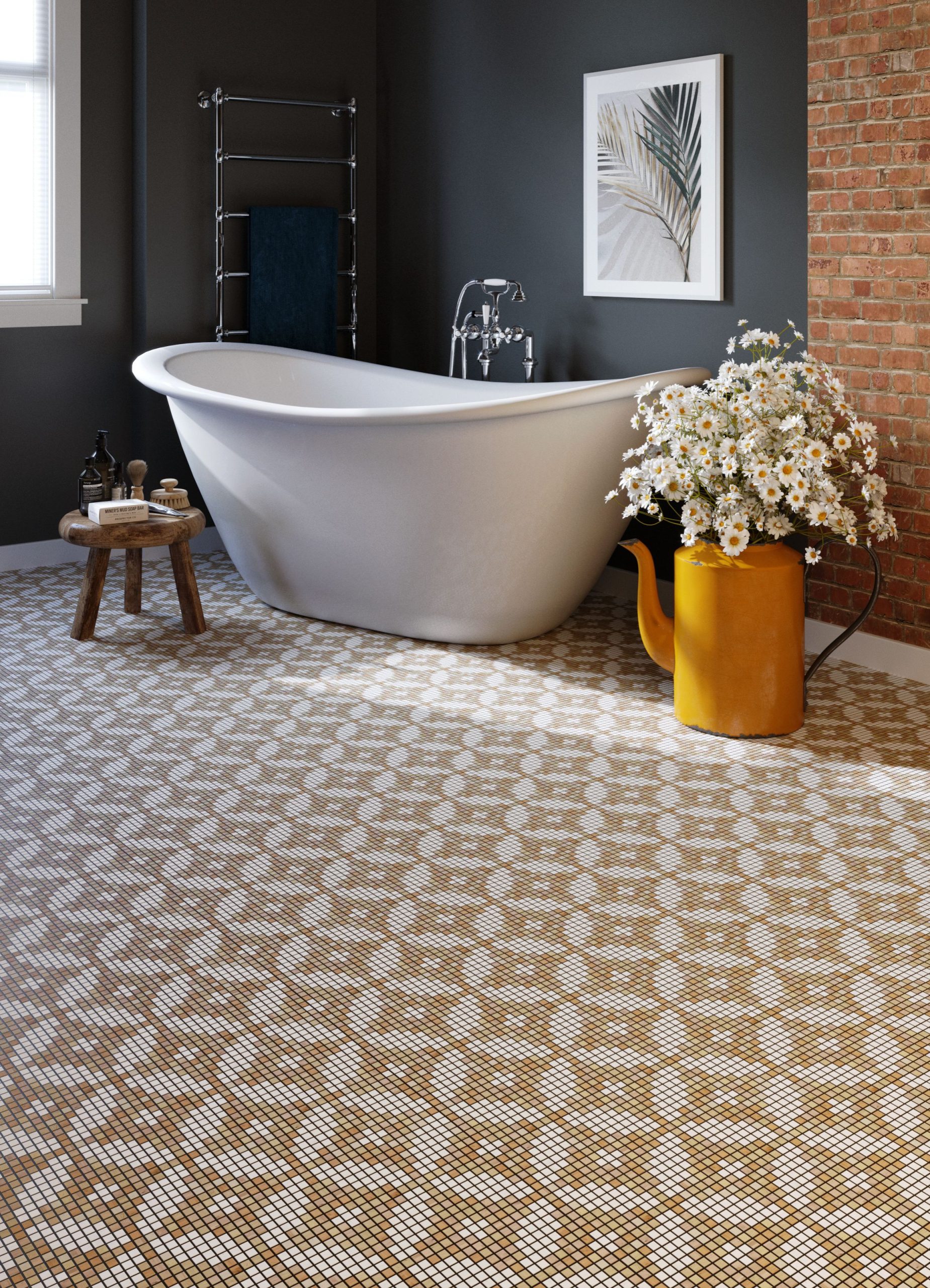 Carreaux cerame au sol, salle de bain style mixte campagne industriel couleurs chaudes. Cerame Carrelage