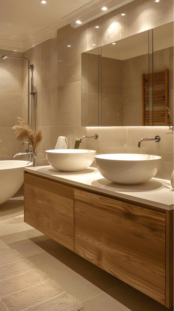 Salle de bain style rustique carreaux effet pierres de France avec meuble double vasque.