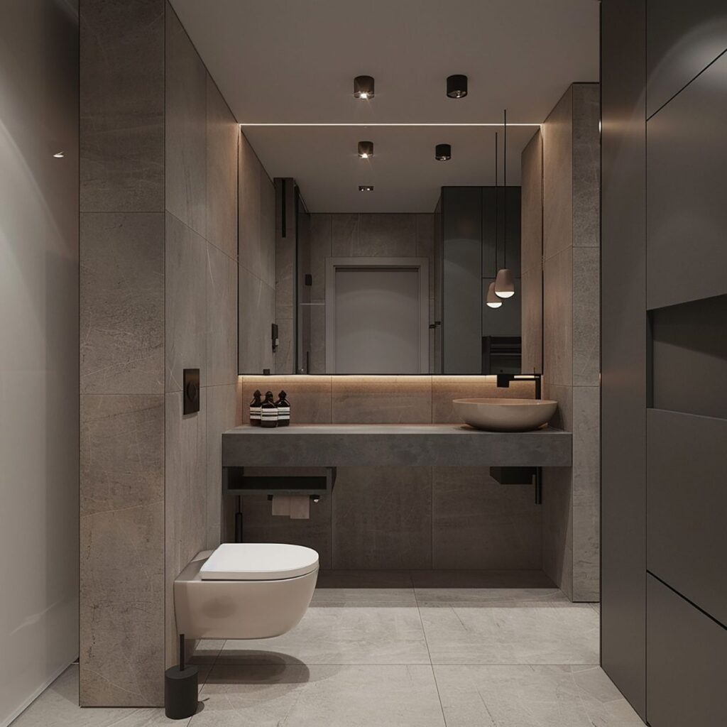 Petite salle de bain avec carrelage gris taupe et WC suspendu