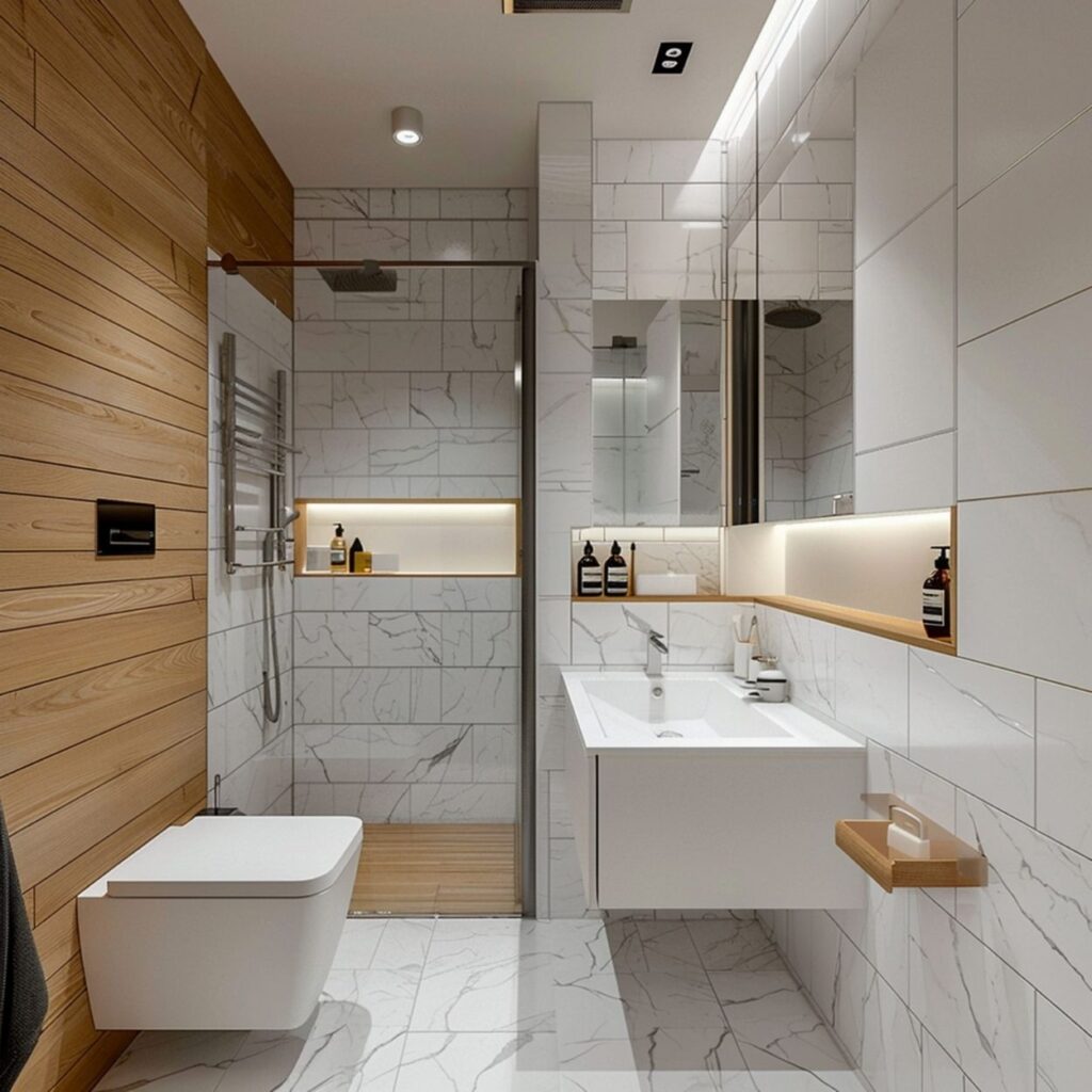 Salle de bain avec douche et carrelage blanc effet marbre