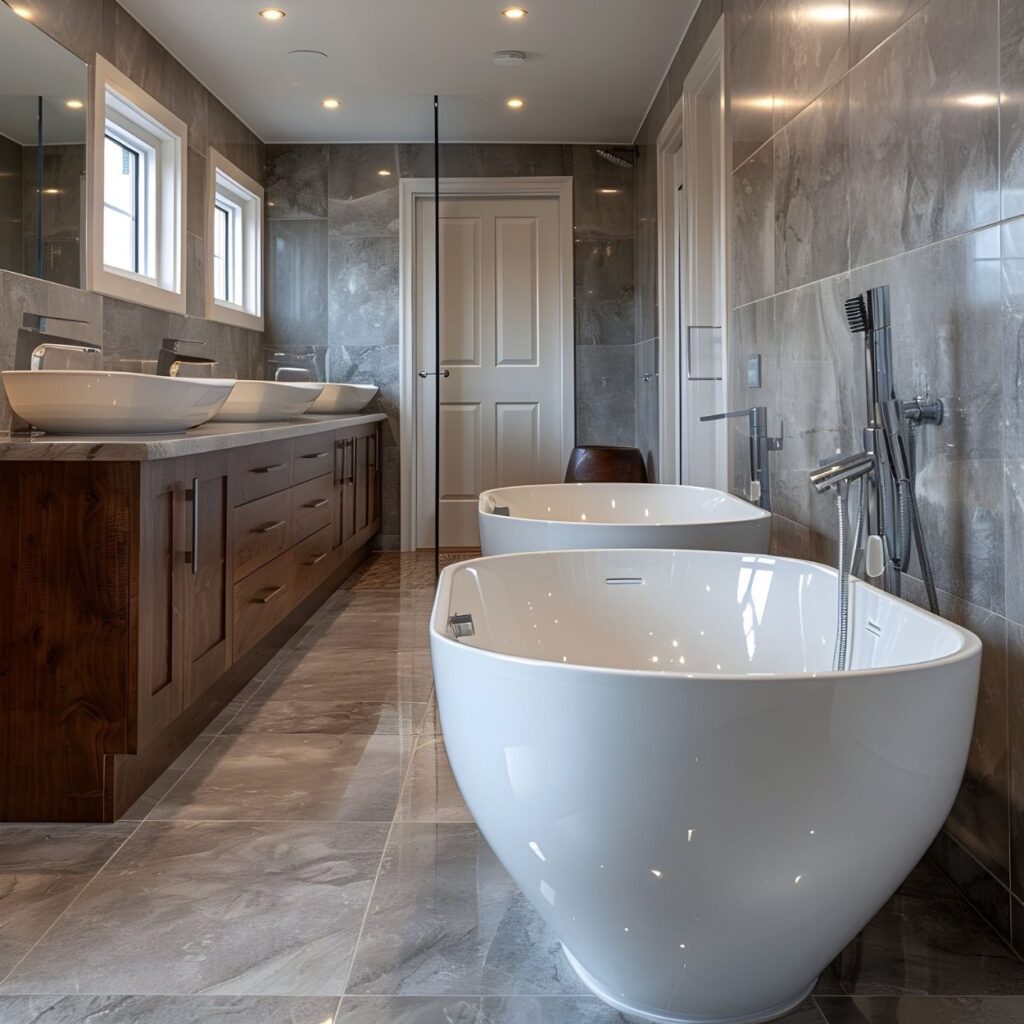 Salle de bain avec baignoire îlot et carrelage effet pierre